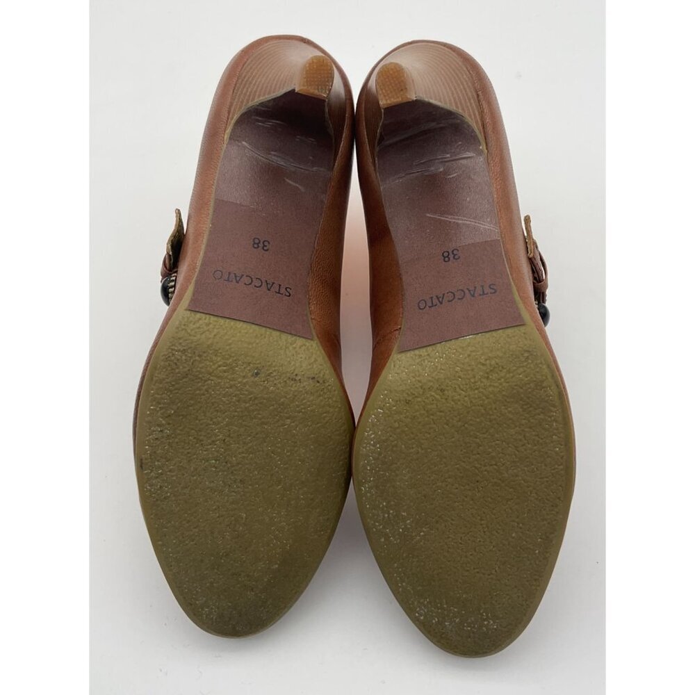 Staccato Soft Brown Leather Pumps Decorative Gemstone Buckle & Woodtone Heel 7.5 - Picture 9 of 11